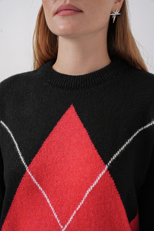 Merterium 15895 Baklava Desenli Oversize Triko Kazak - Siyah