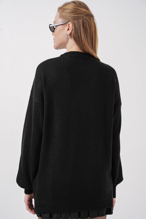 Merterium 15895 Baklava Desenli Oversize Triko Kazak - Siyah