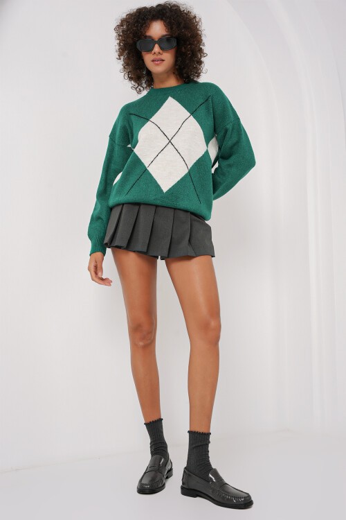 Merterium 15895 Baklava Desenli Oversize Triko Kazak - Zümrüt Yeşili