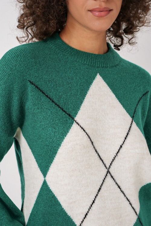 Merterium 15895 Baklava Desenli Oversize Triko Kazak - Zümrüt Yeşili