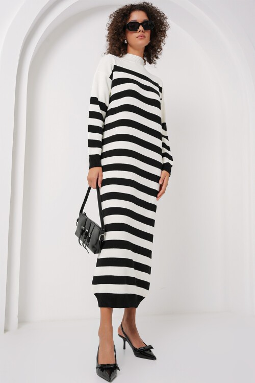 Merterium 15898 Çizgili Uzun Triko Elbise - B.Beyaz