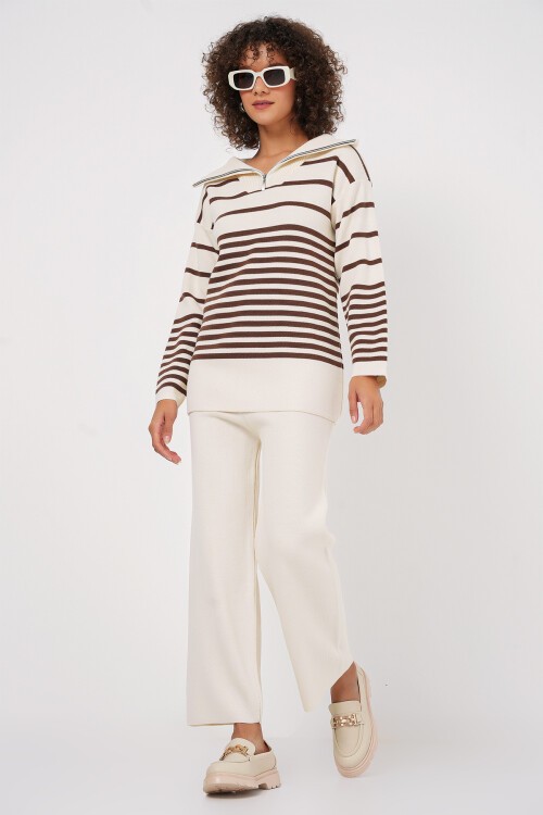 Merterium 15899 Triko Kazak Pantolon İkili Takım - Kahverengi