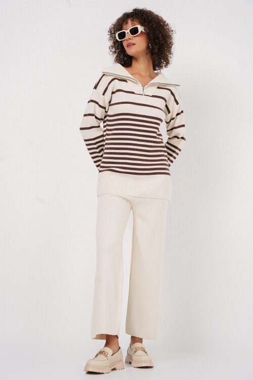 Merterium 15899 Triko Kazak Pantolon İkili Takım - Kahverengi