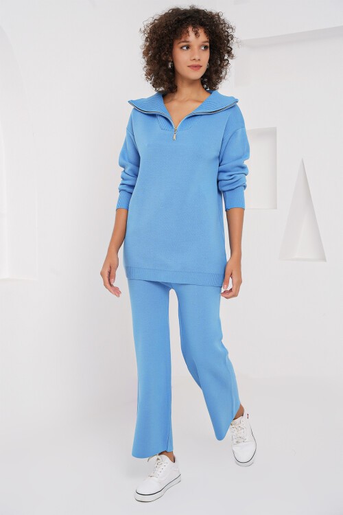 Merterium 15901 Fermuarlı Kazak Pantolon Triko İkili Takım - Mavi