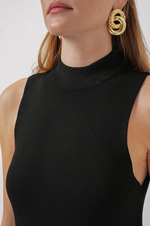 Merterium 15906 Sıfır Kol Mini Triko Elbise - Siyah