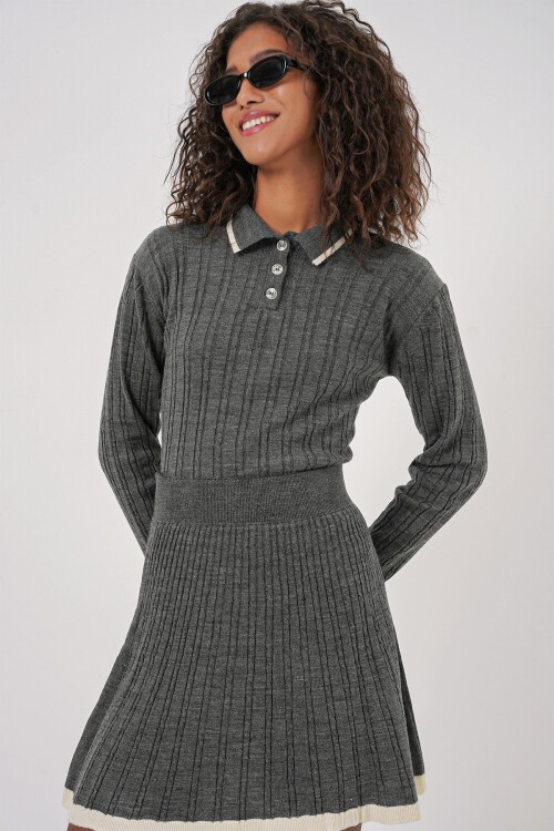 Merterium 15907 Kadın Polo Yaka Kazak Etek Triko İkili Takım - Antrasit