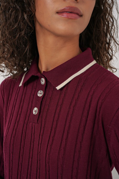 Merterium 15907 Kadın Polo Yaka Kazak Etek Triko İkili Takım - Bordo