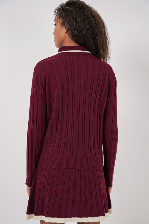 Merterium 15907 Kadın Polo Yaka Kazak Etek Triko İkili Takım - Bordo