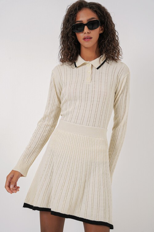 Merterium 15907 Kadın Polo Yaka Kazak Etek Triko İkili Takım - Krem