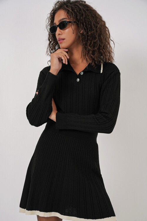 Merterium 15907 Kadın Polo Yaka Kazak Etek Triko İkili Takım - Siyah