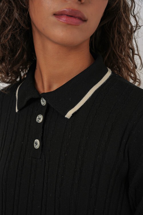 Merterium 15907 Kadın Polo Yaka Kazak Etek Triko İkili Takım - Siyah