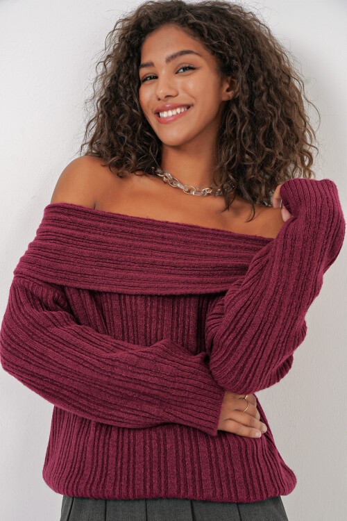 Merterium 15908 Kadın Açık Omuz Oversize Triko Kazak - Bordo