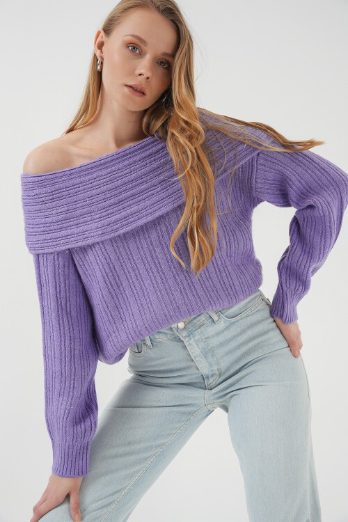 Merterium 15908 Kadın Açık Omuz Oversize Triko Kazak - Lila
