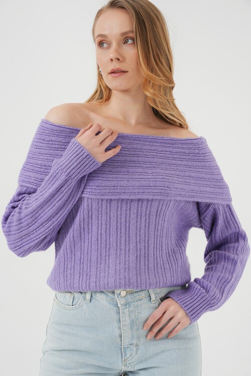 Merterium 15908 Kadın Açık Omuz Oversize Triko Kazak - Lila