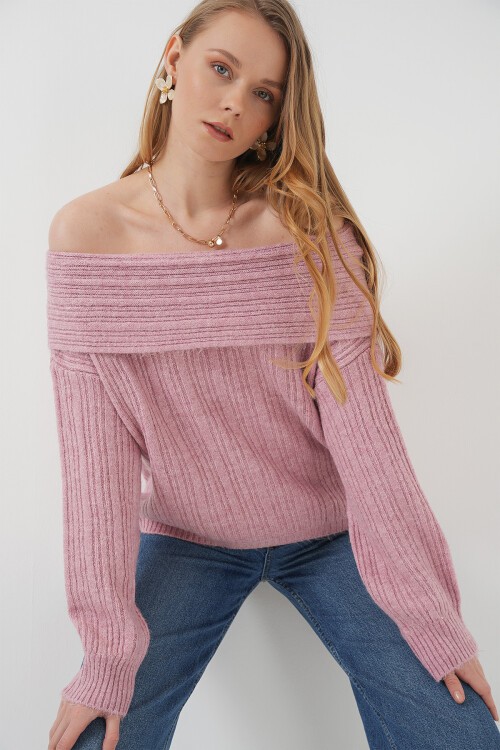 Merterium 15908 Kadın Açık Omuz Oversize Triko Kazak - Pudra