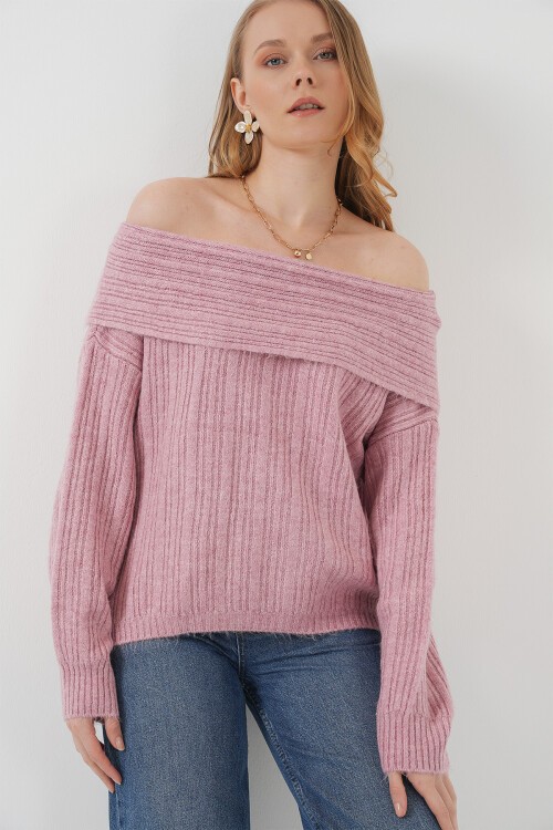 Merterium 15908 Kadın Açık Omuz Oversize Triko Kazak - Pudra