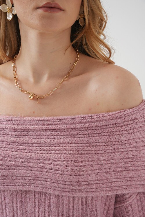 Merterium 15908 Kadın Açık Omuz Oversize Triko Kazak - Pudra