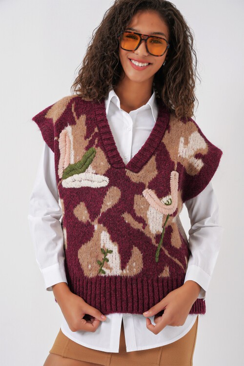 Merterium 15913 Triko Süveter Gömlek - Bordo