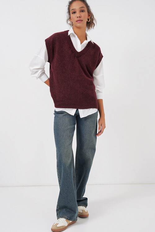 Merterium 15914 V Yaka Triko Süveter - Bordo