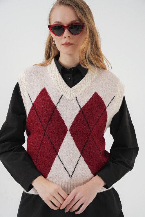 Merterium 15914 V Yaka Triko Süveter - Kırmızı