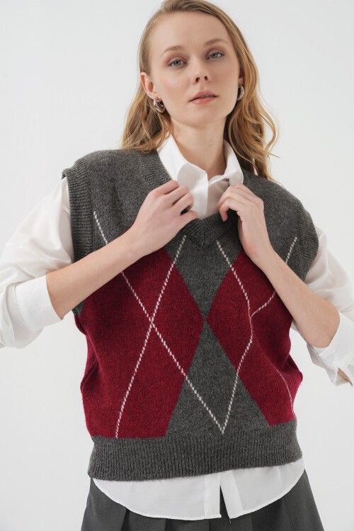 Merterium 15914 V Yaka Triko Süveter - V. Antrasit