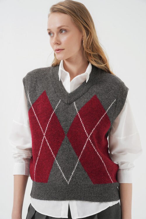 Merterium 15914 V Yaka Triko Süveter - V. Antrasit