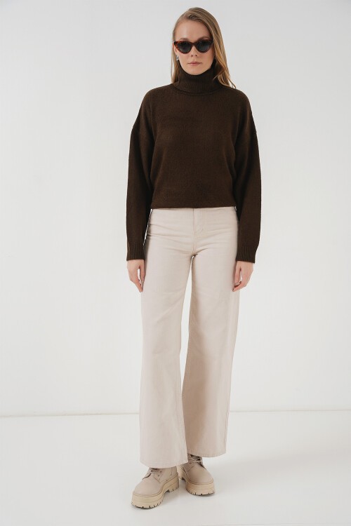 Merterium 15917 Kadın Balıkçı Yaka Oversize Triko Kazak - Kahverengi