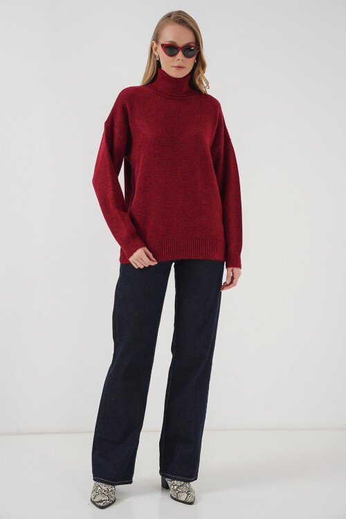 Merterium 15917 Kadın Balıkçı Yaka Oversize Triko Kazak - Kırmızı