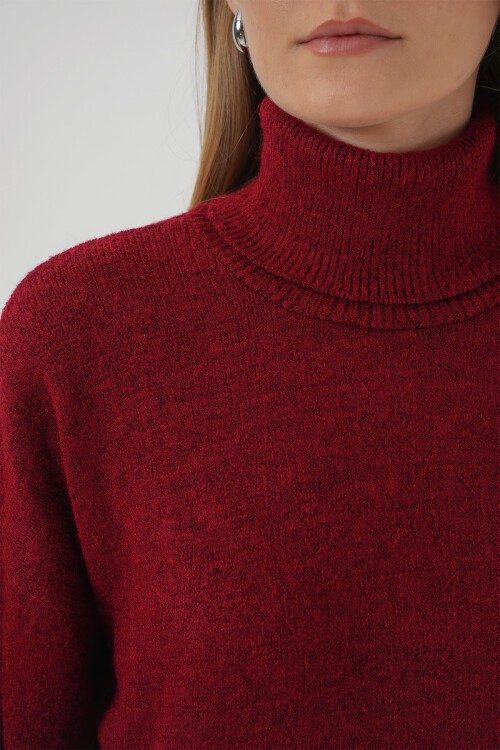 Merterium 15917 Kadın Balıkçı Yaka Oversize Triko Kazak - Kırmızı