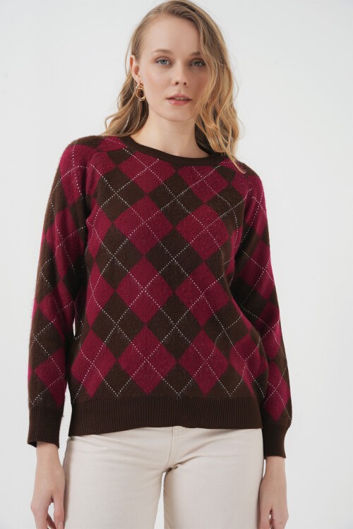 Merterium 15918 Baklava Desen Triko Kazak - Kahverengi