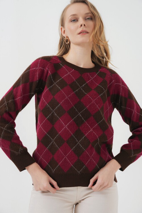 Merterium 15918 Baklava Desen Triko Kazak - Kahverengi