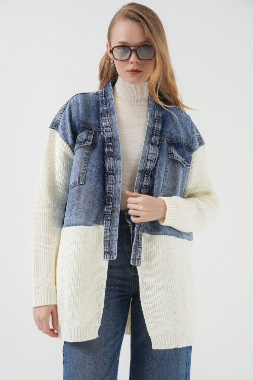 Merterium 15919 Uzun Triko Kot Ceket - Beyaz