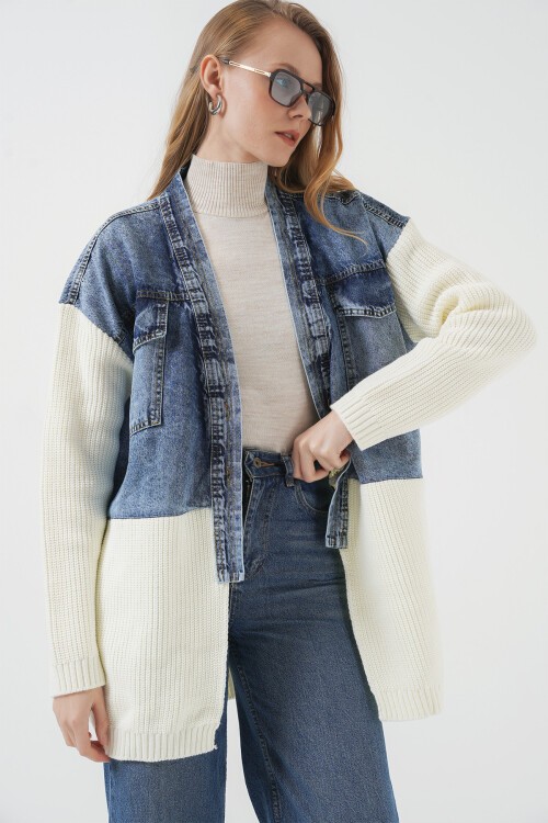 Merterium 15919 Uzun Triko Kot Ceket - Beyaz