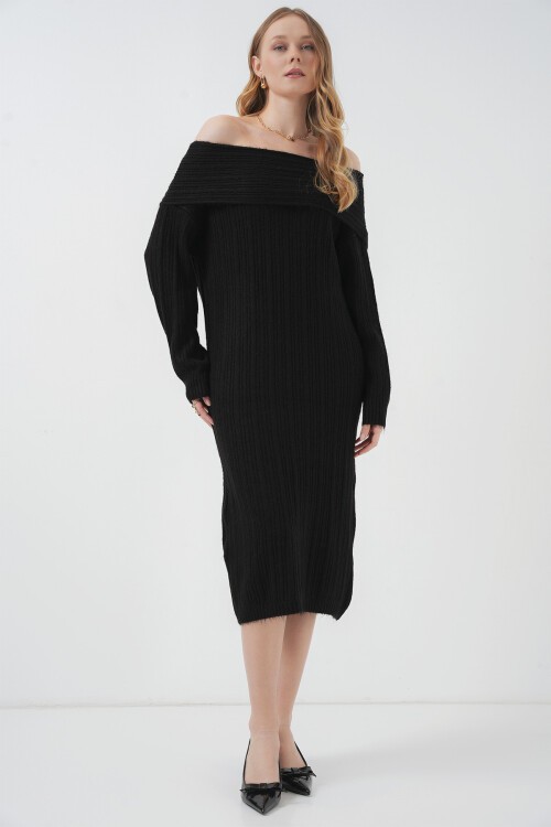 Merterium 15920 Madonna Yaka Oversize Triko Elbise - Siyah