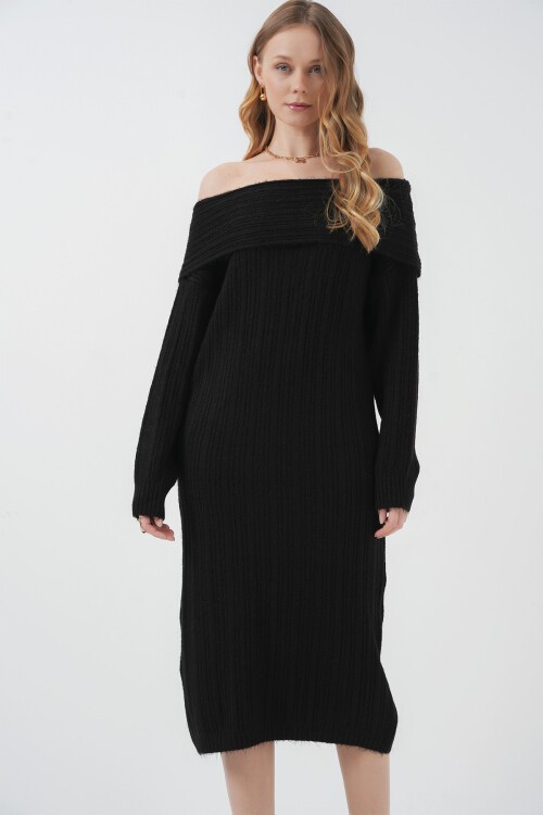 Merterium 15920 Madonna Yaka Oversize Triko Elbise - Siyah