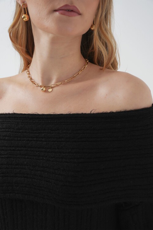 Merterium 15920 Madonna Yaka Oversize Triko Elbise - Siyah