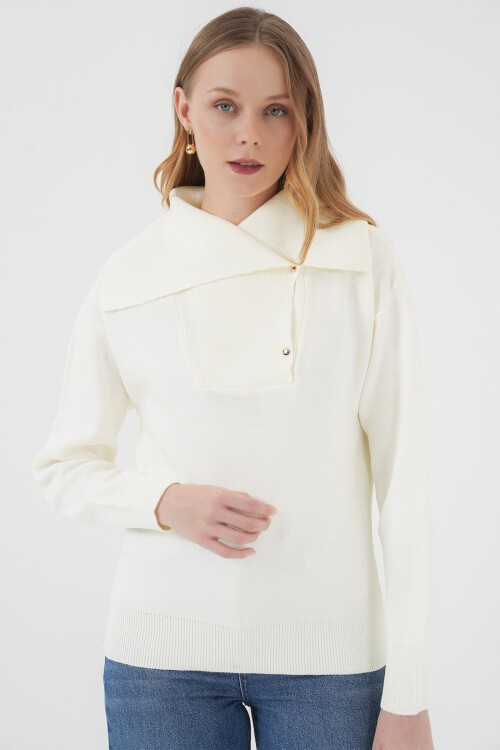 Merterium 15921 Geniş Yaka Triko Kazak - Ekru