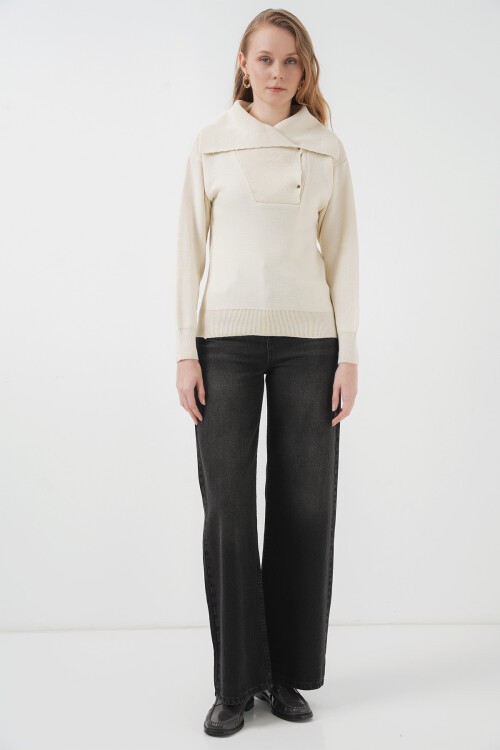 Merterium 15921 Geniş Yaka Triko Kazak - Krem