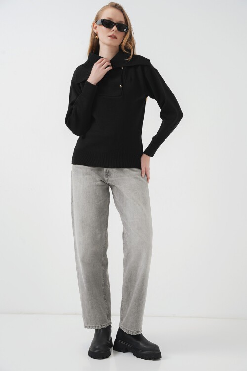 Merterium 15921 Geniş Yaka Triko Kazak - Siyah