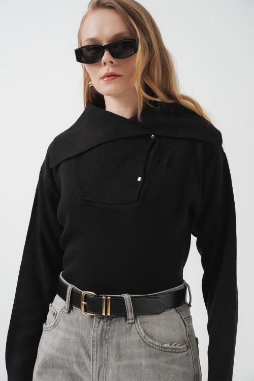 Merterium 15921 Geniş Yaka Triko Kazak - Siyah