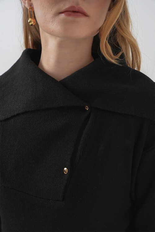 Merterium 15921 Geniş Yaka Triko Kazak - Siyah