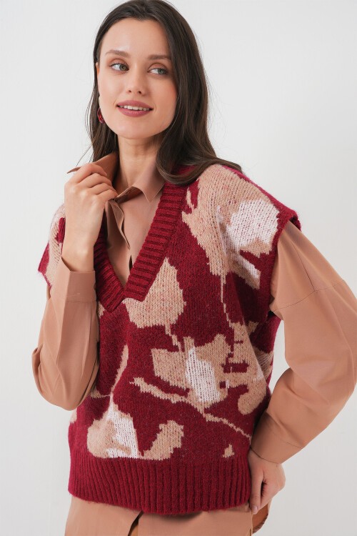 Merterium 15923 Kadın Oversize Triko Süveter - Bordo