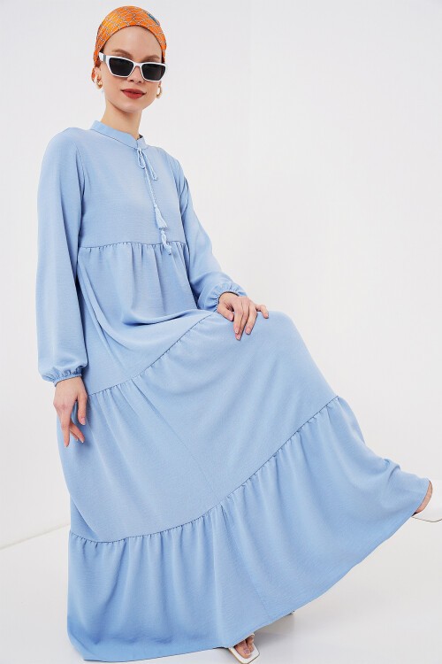 Merterium 1627 Yaka Bağcıklı Tesettür Elbise - Koyu Mavi