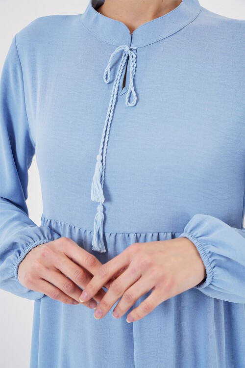 Merterium 1627 Yaka Bağcıklı Tesettür Elbise - Koyu Mavi