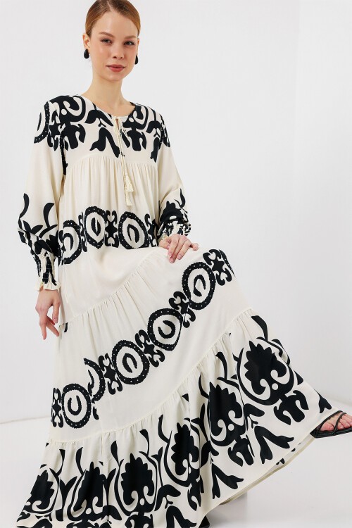 Merterium 1947 Desenli Uzun Elbise - B.Beyaz