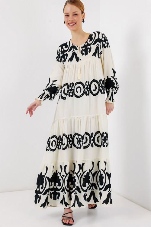 Merterium 1947 Desenli Uzun Elbise - B.Beyaz
