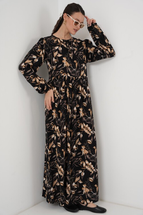 Merterium 1947 Desenli Uzun Elbise - L. Siyah