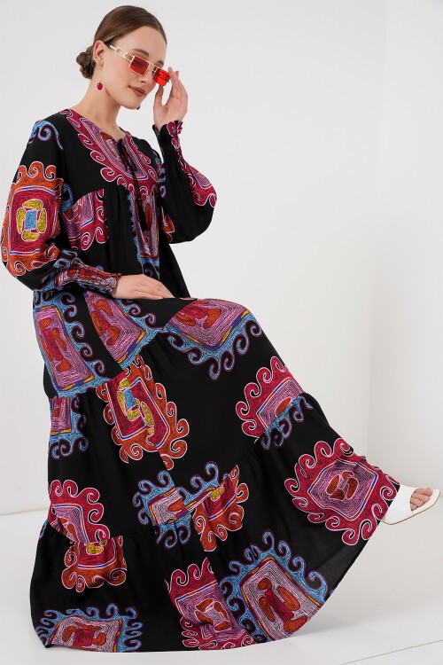 Merterium 1947 Desenli Uzun Elbise - M. Kırmızı