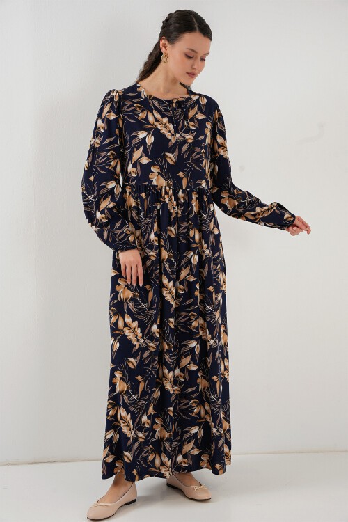 Merterium 1947 Desenli Uzun Elbise - M. Lacivert