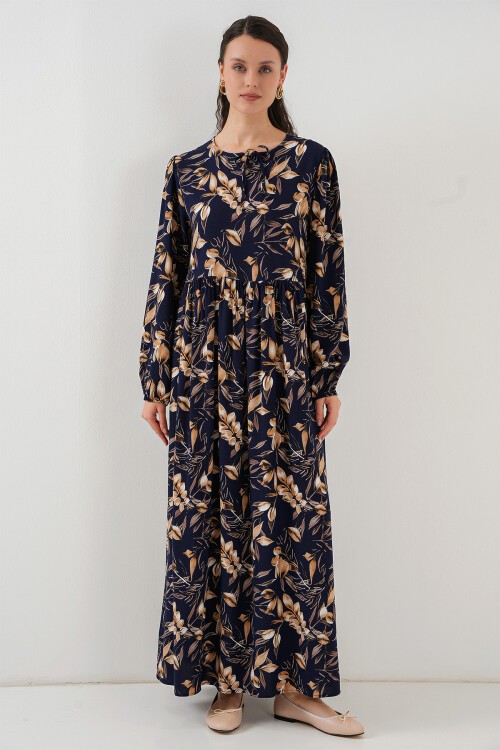 Merterium 1947 Desenli Uzun Elbise - M. Lacivert